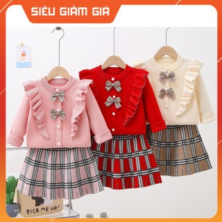 Đầm len bé gái. Set váy cho bé  2-8 tuổi rời cổ bèo 2 nơ kẹp đanh sợi mềm mịn hàng Quảng Châu cao cấp