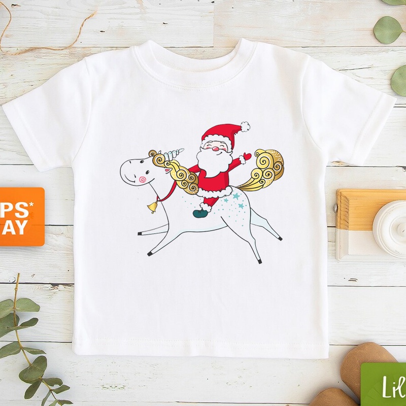 Áo Thun Tay Ngắn In Hình Ông Già Noel / Kỳ Lân Mừng Năm Mới Cho Bé