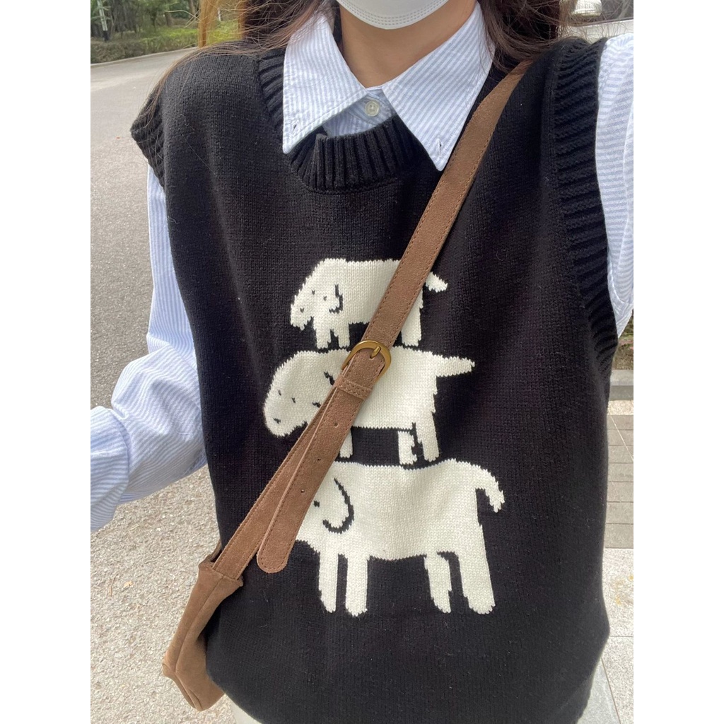 Set Áo Len Không Tay + Áo Sơ Mi Kẻ Sọc Dài Tay + Áo Khoác Ghi Lê Thời Trang Nữ