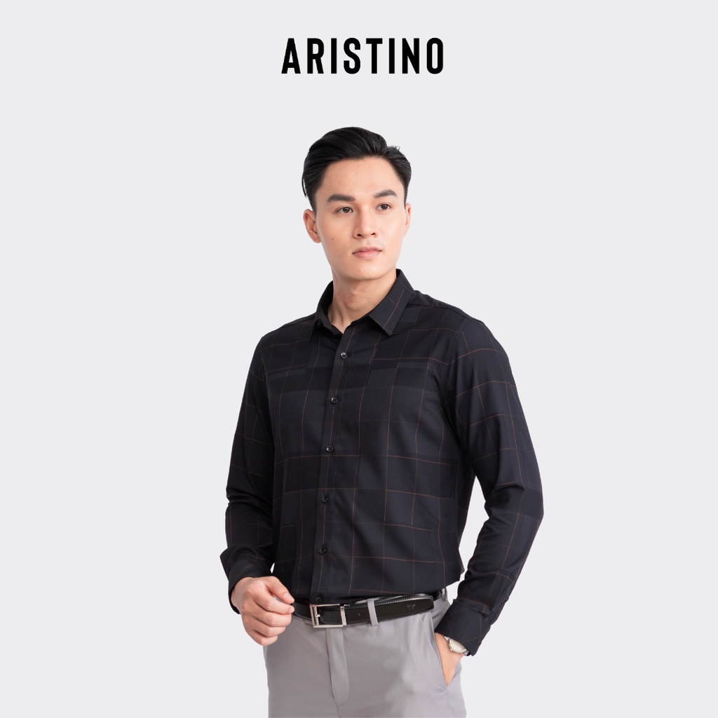 Áo sơ mi dài tay Aristino phom Slim Fit ôm vừa, tà lượn không túi, họa tiết kẻ đen cam ấn tượng - ALS01903