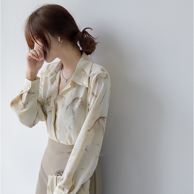 Áo Sơ Mi BH Tay Dài Vải satin In Họa Tiết Phong Cách Hàn Quốc Cho Nữ