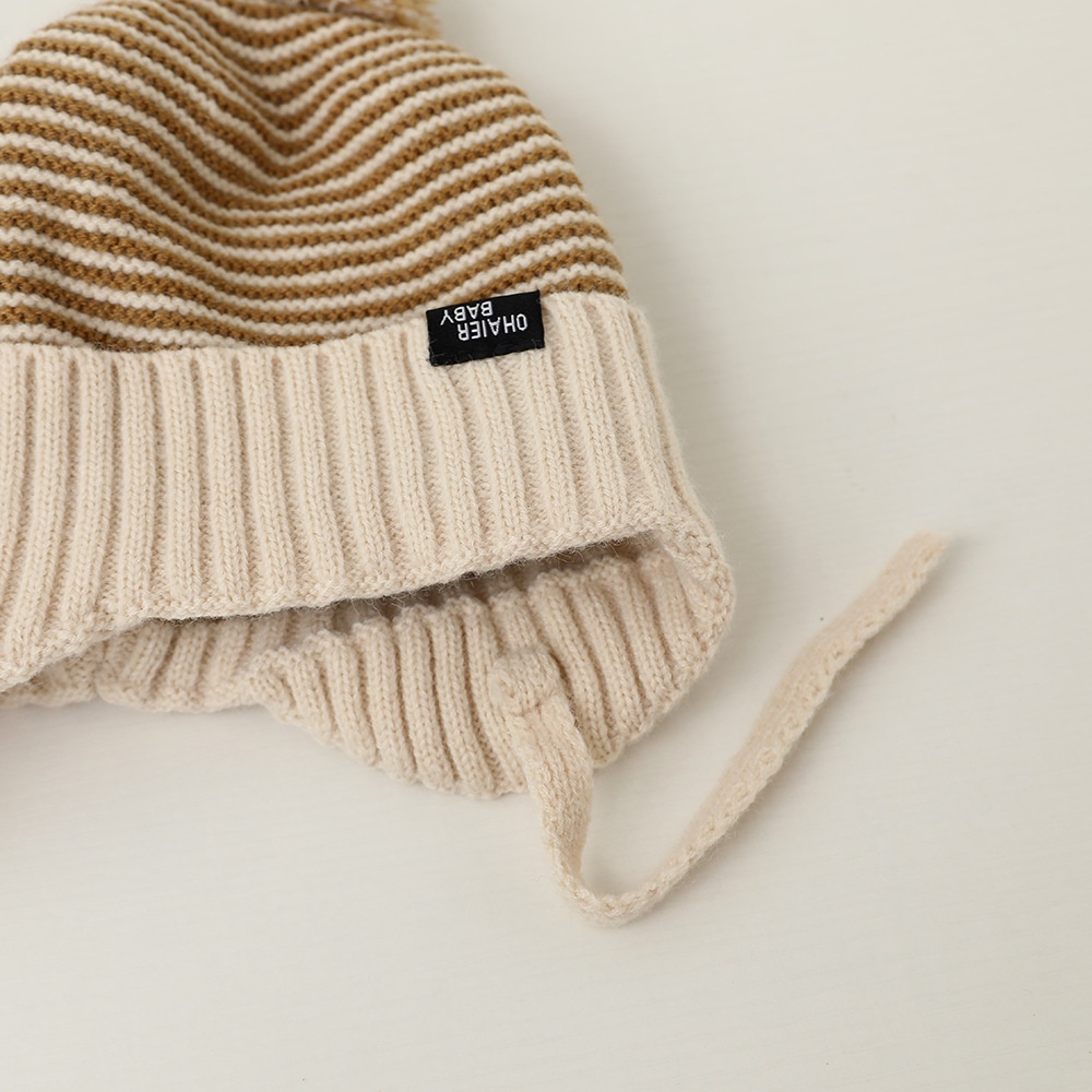 Mũ Len Dệt Kim Giữ Ấm Tai Họa Tiết Kẻ Sọc Đính Quả Bông Dễ Thương Thời Trang Thu Đông Cho Bé