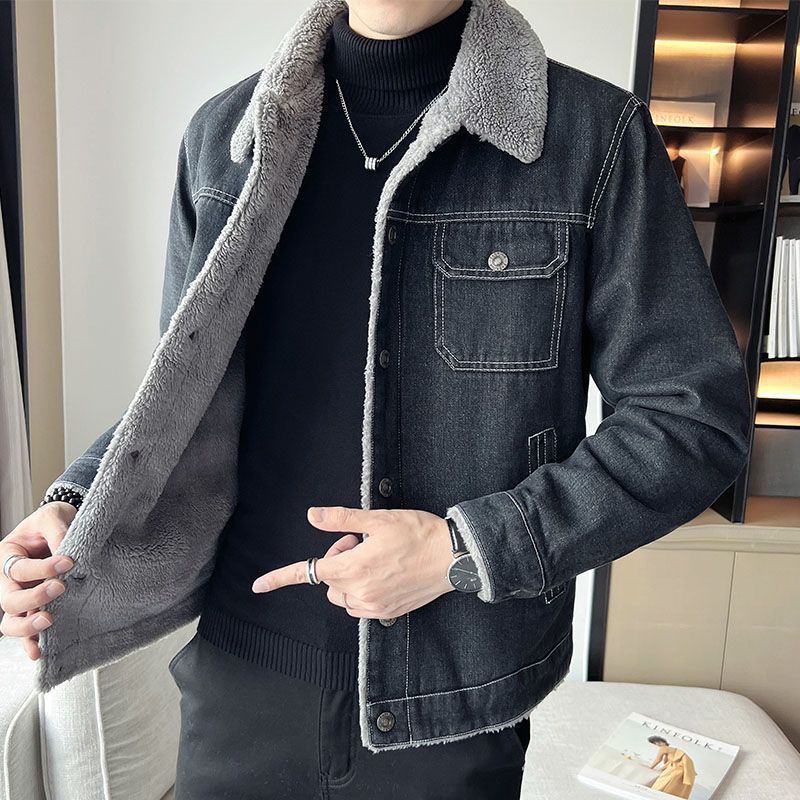 Áo Khoác denim Lót Lông Cừu Dày Dặn Giữ Ấm Phong Cách Hàn Quốc Thời Trang Mùa Đông Mới 2023 Cho Nam Trung Niên