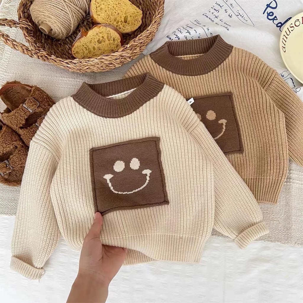 Philis Áo sweater Thu Đông 2023 Ấm Áp In Họa Tiết Mặt Cười Cho Bé Trai Và Bé Gái