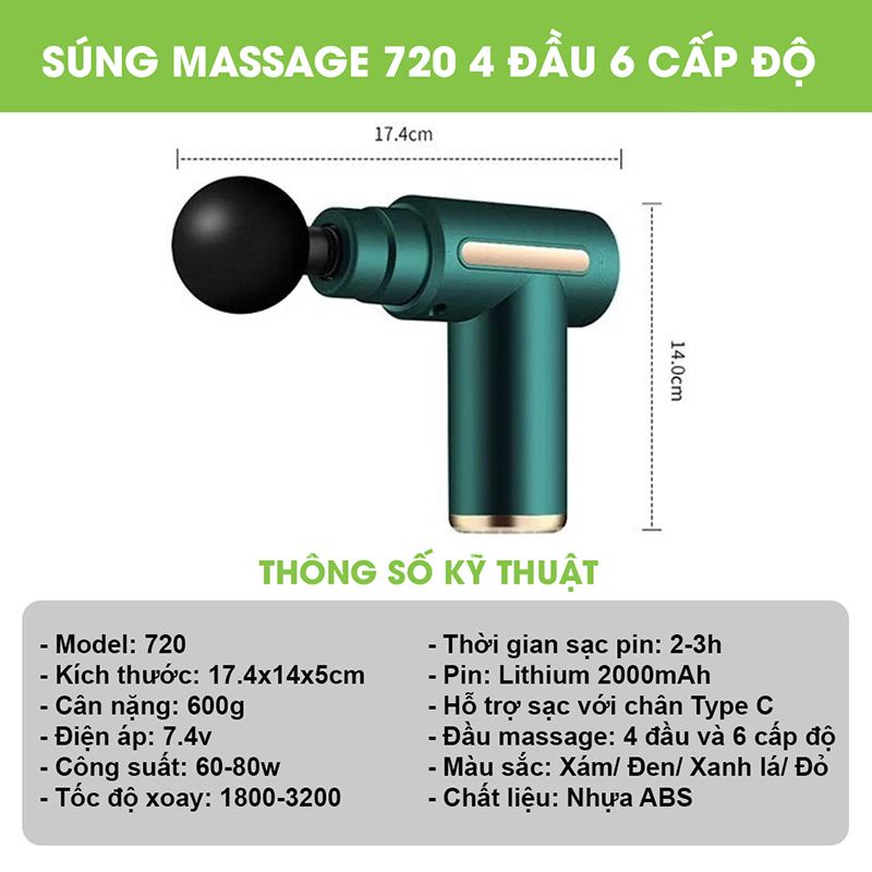 Máy Massage Cầm Tay Sạc Pin Tích Điện, Mát Xa Toàn Thân Với 4 Đầu Thay Thế và 6 Cấp Độ BH 12 Tháng MSA2