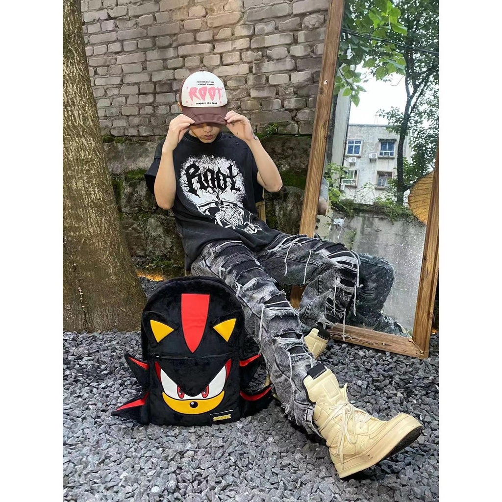 Balo y2k Wlgs Balo Nhung Lông Màu Đen Bóng sonic Cho Cặp Đôi