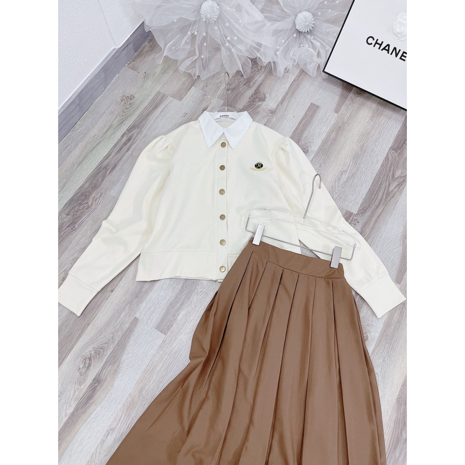 Set áo nude kem cổ sơmi nút đồng+chân váy midi nâu