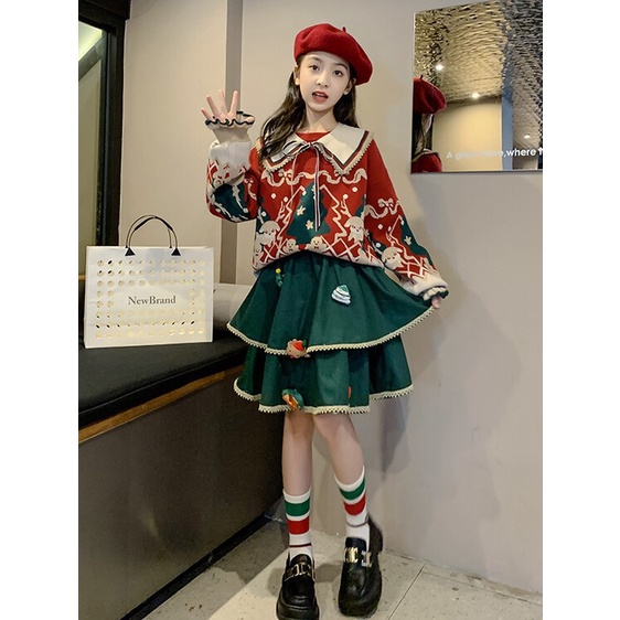 Bộ Áo Váy Hai Món Phối Lông Phong Cách Giáng Sinh Và Năm Mới Cho Bé Gái