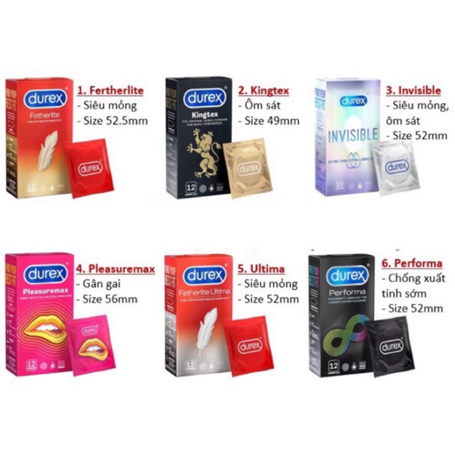 Bao cao su Durex Performa, Fertherlite, Pleasuremax, Ultima, Kingtex, Invisible Kéo dài thời gian, Gân gai, Sikhoá