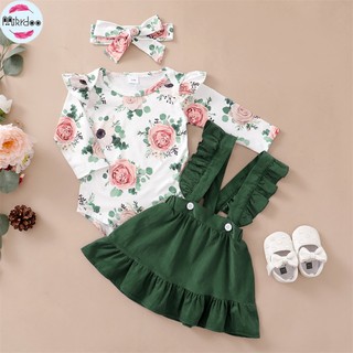 Set Đồ Mùa Thu 3 Món Gồm Đầm Hai Dây In Họa Tiết Hoa Tay Dài Có Băng Cài Đầu Cho Bé Gái 0-2 Tuổi
