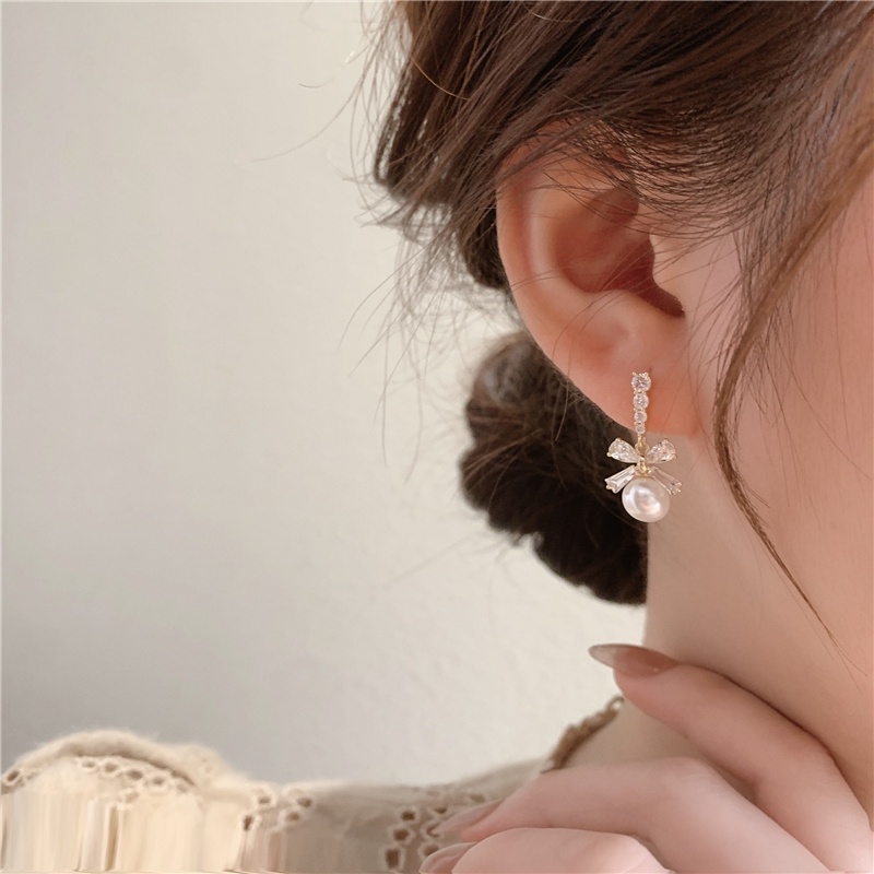 Bông Tai Mạ Bạc 925 Hình Nơ Đính Ngọc Trai Phong Cách Hàn Quốc