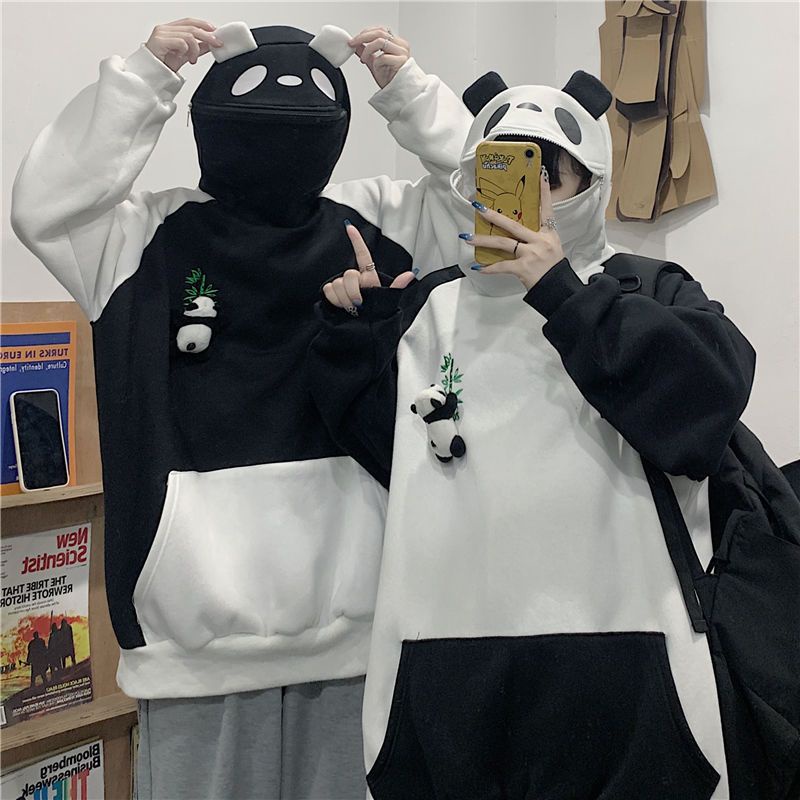 Áo Hoodie Bằng Vải Nỉ Dày Dáng Rộng In Hình Gấu Trúc Dễ Thương Vui Nhộn