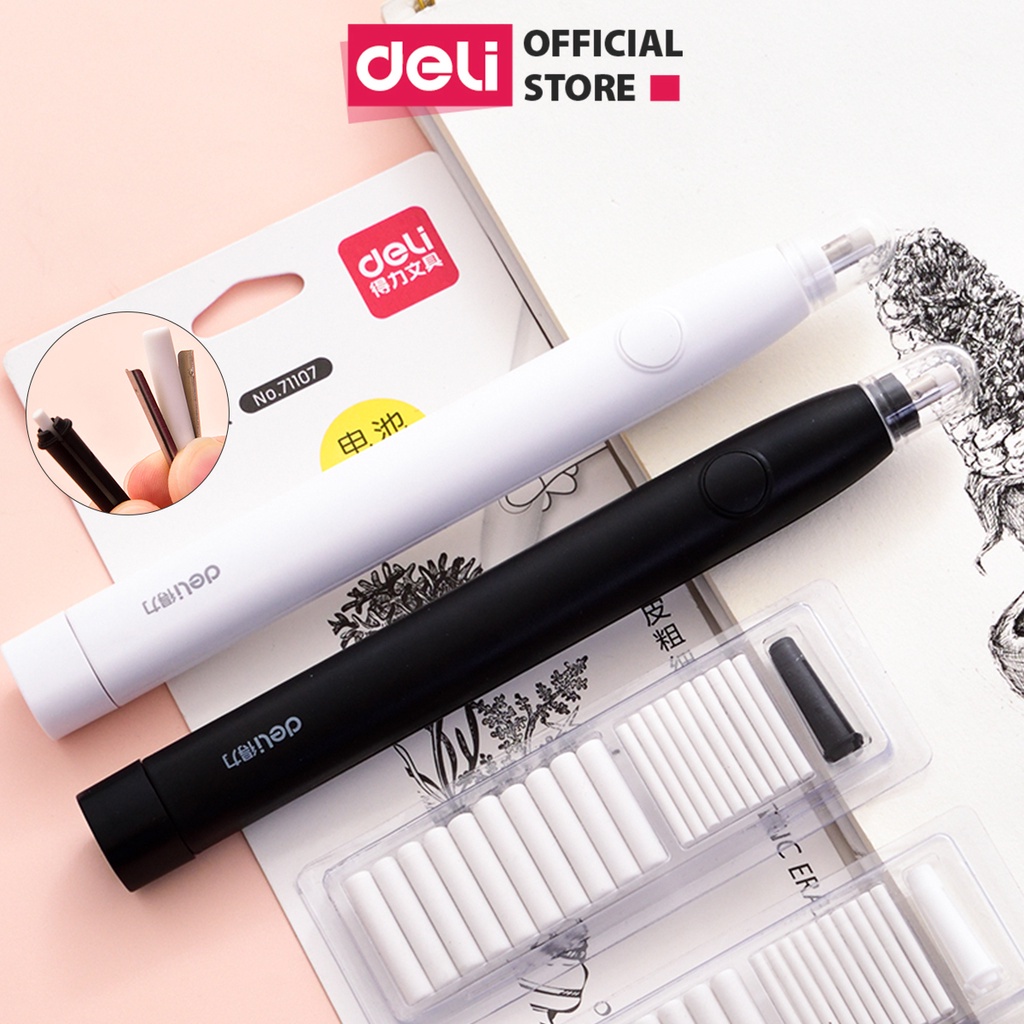 Bút tẩy điện Deli - Đánh bóng tranh vẽ, tẩy góc cạnh 2 kích thước 20 lõi tẩy thay thế Học sinh viên