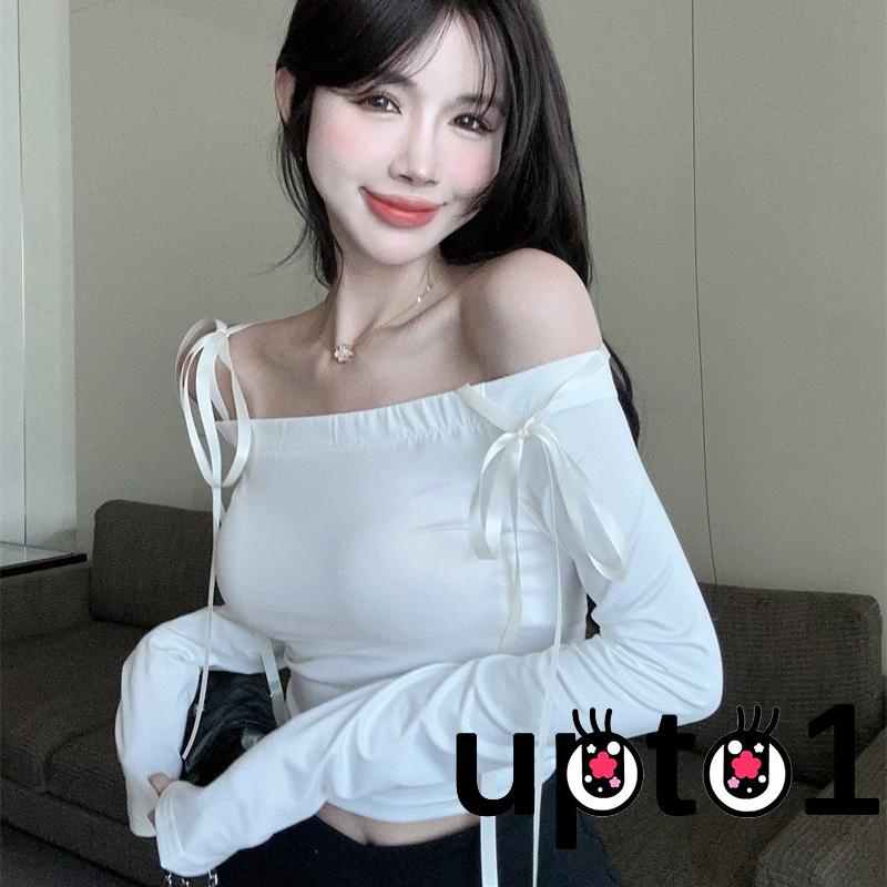 Áo Thun Tay Dài Trễ Vai Thắt Nơ Màu Sắc Trơn Dành Cho Nữ