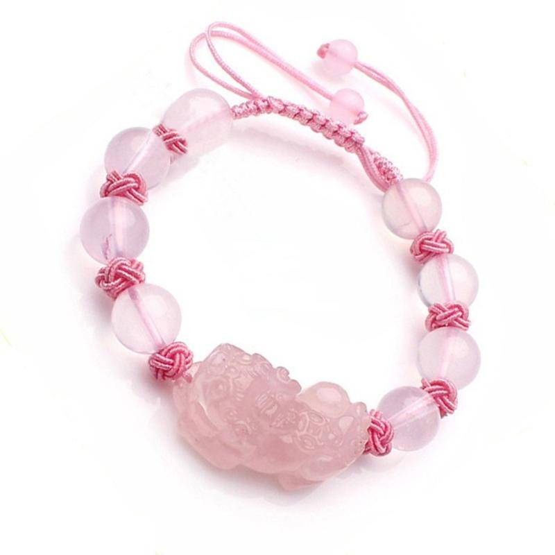 Vòng Tay Dây Bện Mặt Đồng Xu Nhỏ Màu Hồng Hạt pixiu Tự Nhiên Thắt Nút pixiu Chính Hãng Cho Nữ