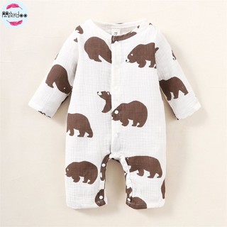 Áo Liền Quần Tay Dài Cổ Tròn In Hình Gấu Dễ Thương Cho Bé Trai 0-6 Tháng Tuổi