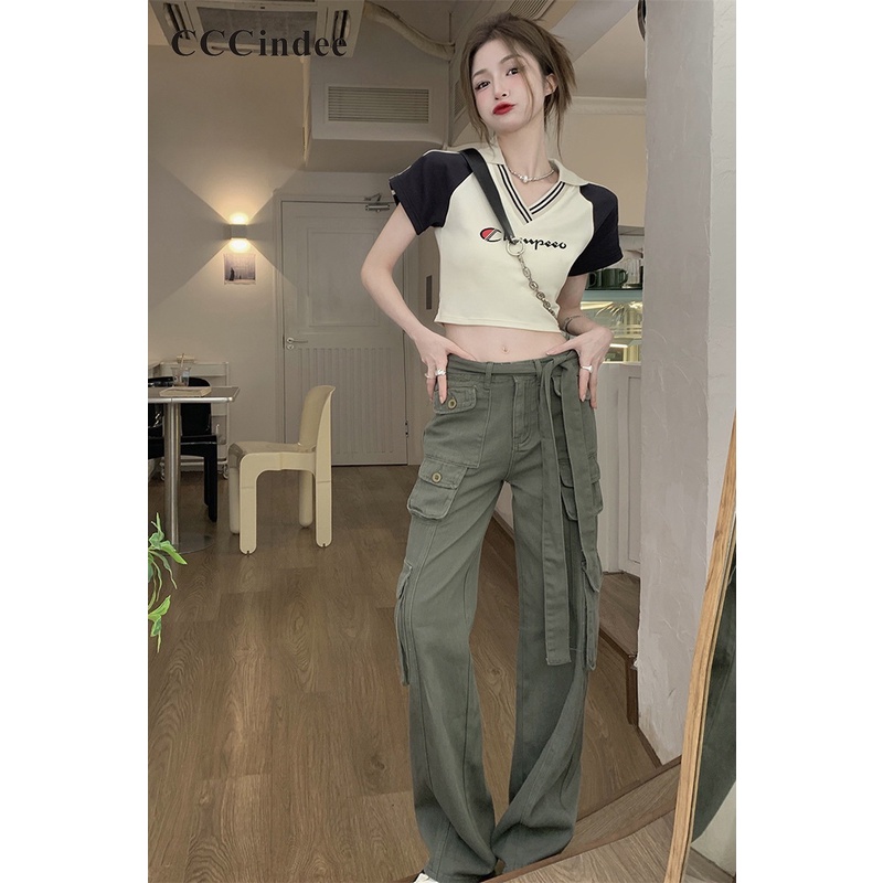 Áo Thun Polo Tay Ngắn Cổ Chữ V Dáng Ôm Phối Màu Tương Phản Thời Trang 2023 Cho Bạn Gái