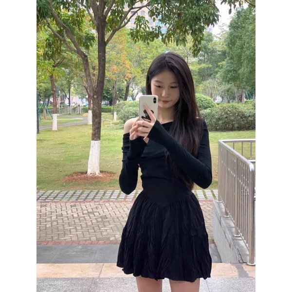 COZOK Đầm Tay Dài Hở Vai Dáng Chữ A Phong Cách Thời Trang Hàn Quốc