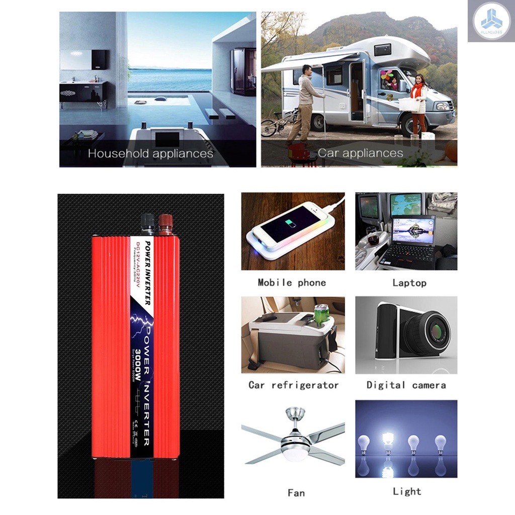 Biến Tần Năng Lượng Mặt Trời 1500w / 3000w dc 12v Sang 220v-240v ac Cổng usb Kép Cho Xe Hơi rv Xe Máy1-vn1