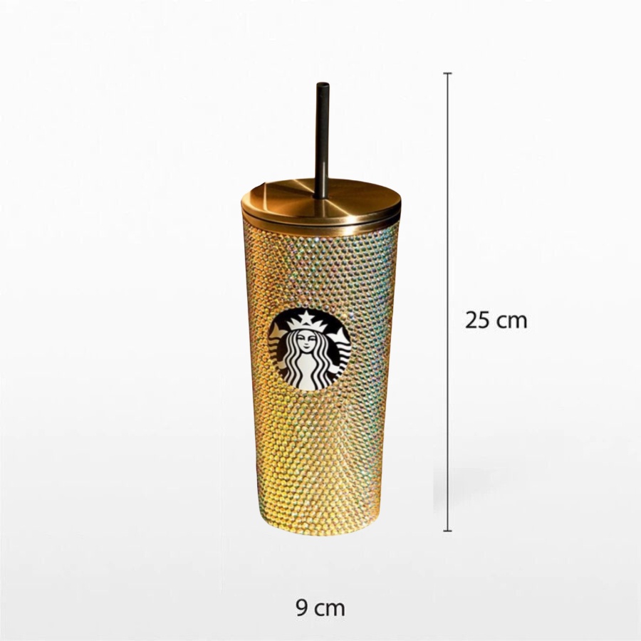 Starbucks Cốc Uống Nước Lấp Lánh 470ml Đính Đá Màu Vàng Kỉ Niệm 25 năm Philippines 2023