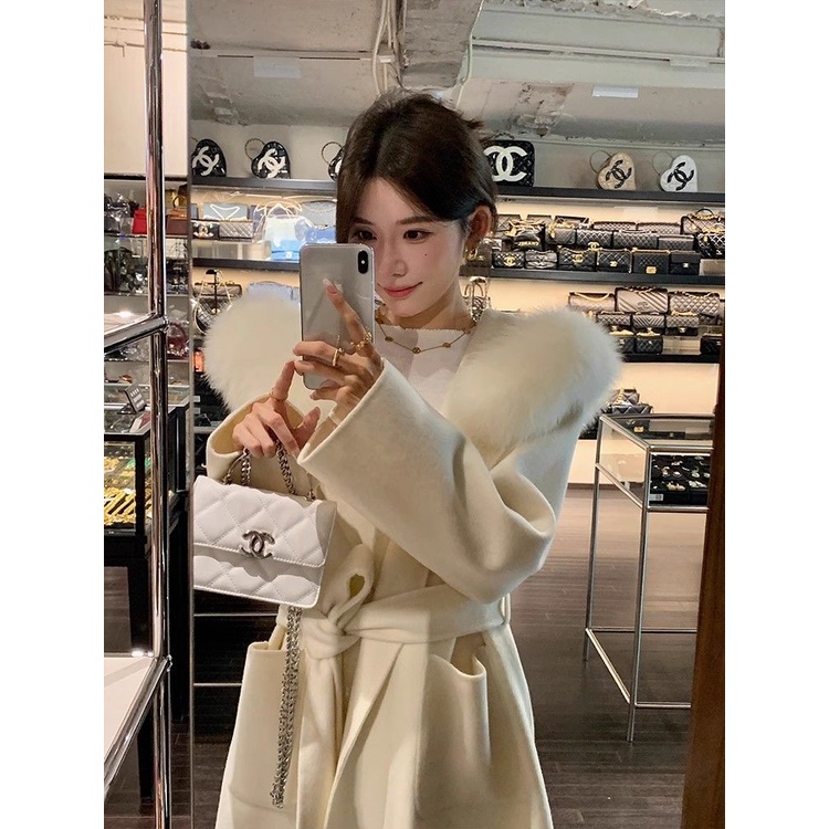 Áo Khoác Len Giả Lông Cáo Dáng Dài Có Nón Thời Trang Thu Đông 2023 Cho Nữ