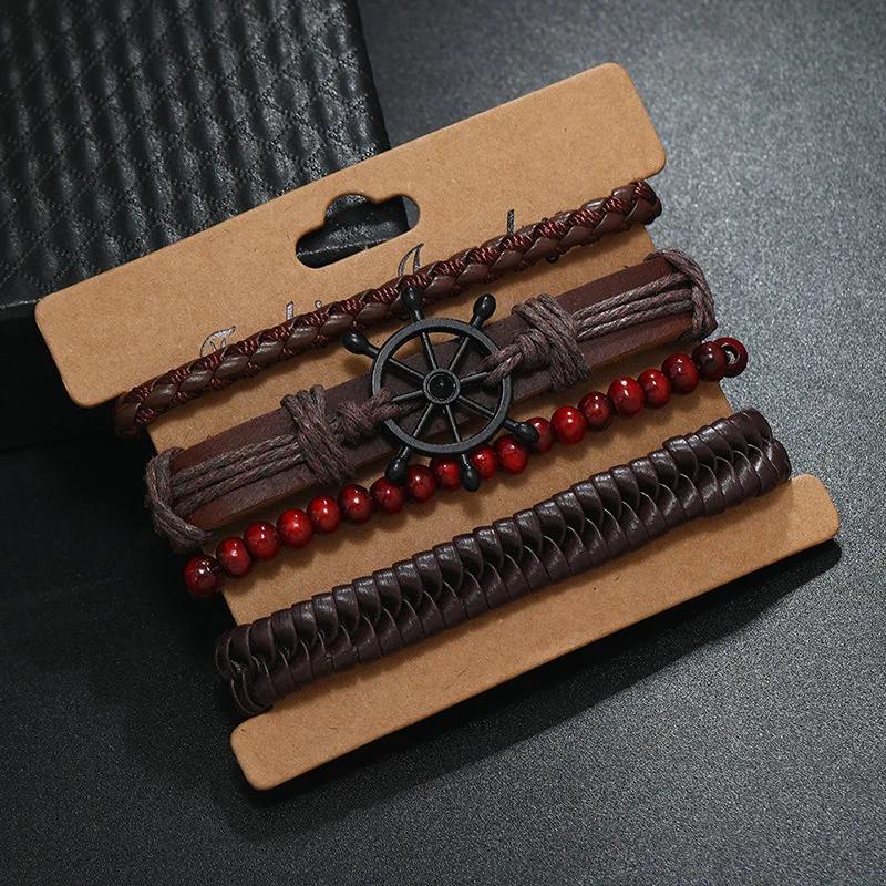 Bộ 4 Vòng Tay Da Bện Đính Hạt Gỗ Phong Cách vintage Cho Nam Nữ