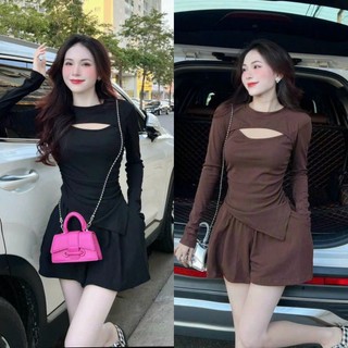 Set đồ bộ áo thun tay dài khoét ngực nhúng 2 bên eo tà xéo phối quần đùi ngố thun gân siêu cưng , hot , đi chơi