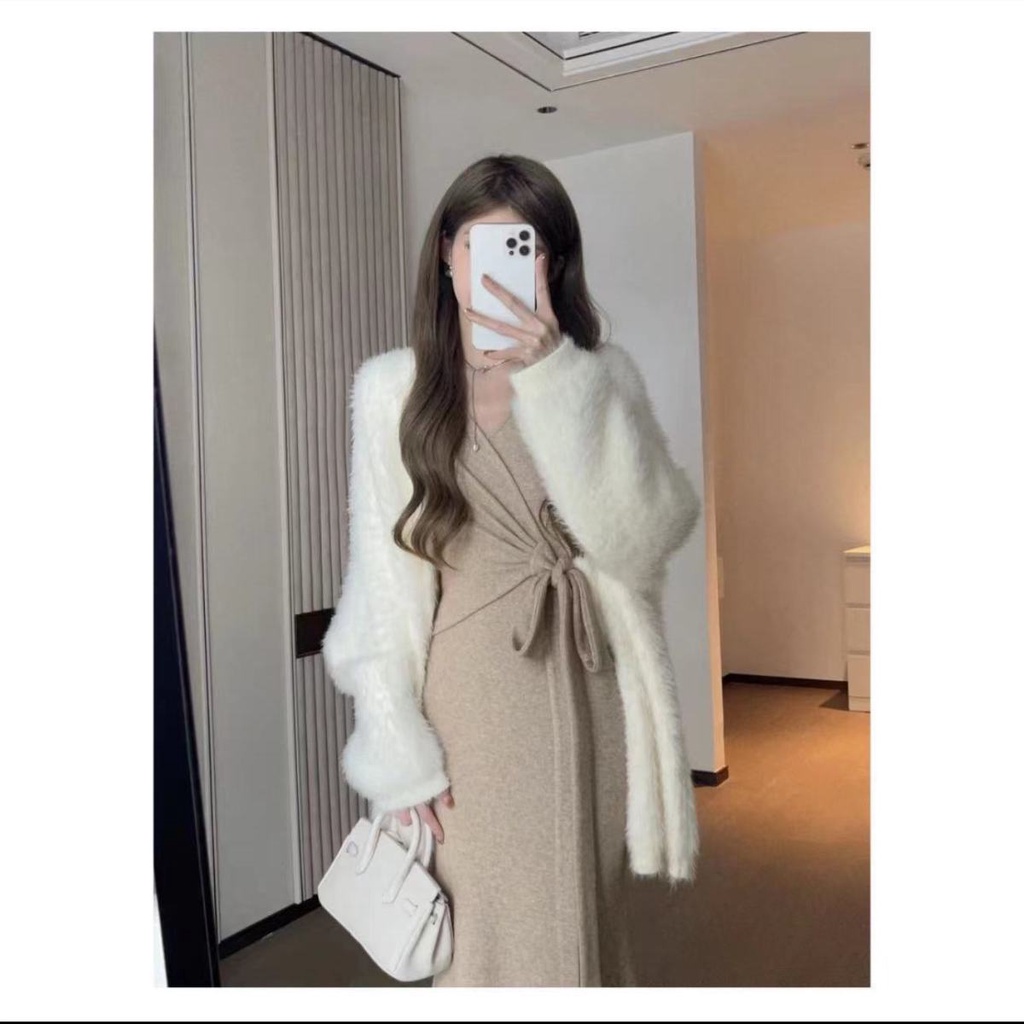 Đầm sweater Dài Tay Chiết Eo Phong Cách Pháp Thời Trang Thu Đông Kiểu Mới Cỡ Lớn Cho Nữ