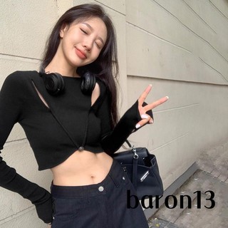 Áo croptop dệt kim tay dài cổ tròn thiết kế màu trơn thanh lịch