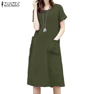 Zanzea Đầm midi Nữ Tay Ngắn Cổ Tròn Phong Cách Hàn Quốc