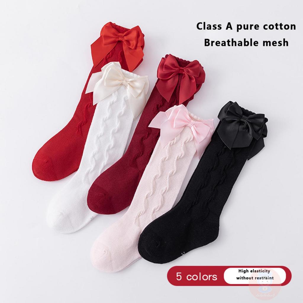 Laa6-trẻ Em Gái Vớ Dài Đến Đầu Gối Màu Trơn Thắt Nơ Dễ Thương