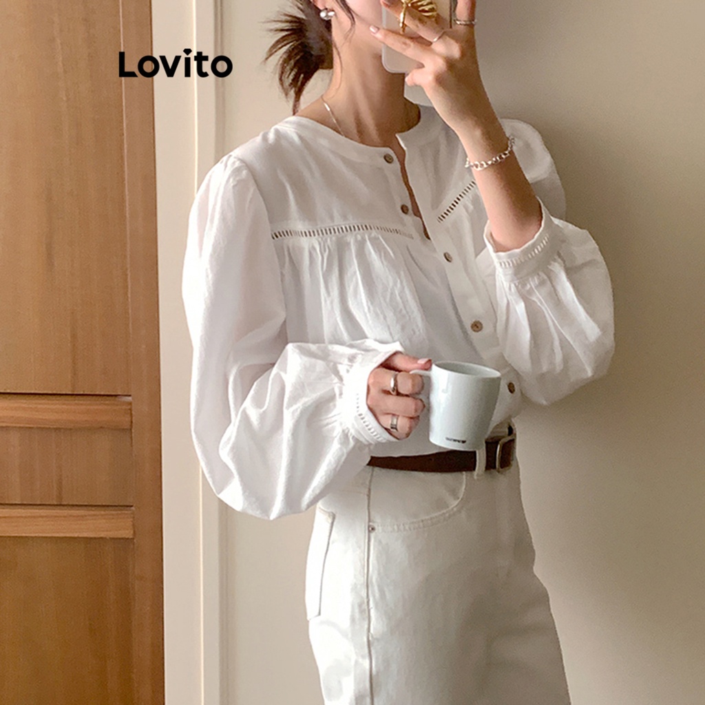 Lovito Áo sơ mi trơn đính nút phía trước thông thường dành cho nữ LNE26067