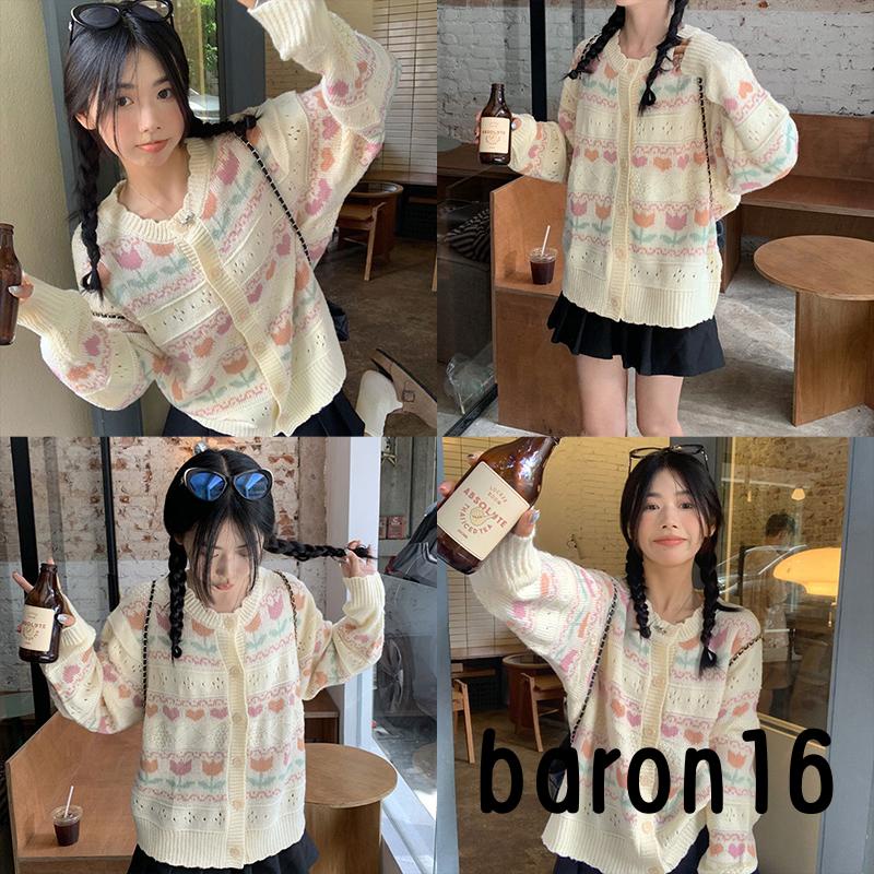 Áo cardigan Dệt Kim Tay Dài Cổ Tròn In Họa Tiết Hoa / Trái Tim Xinh Xắn Thời Trang Mùa Thu Cho Nữ