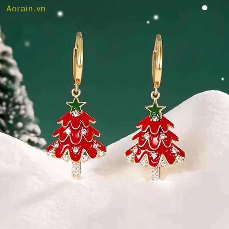 Khuyên Tai Dáng Thả Đính Đá zircon Pha Lê Hình Cây Thông Giáng Sinh Khí Chất Trang Sức Dự Tiệc