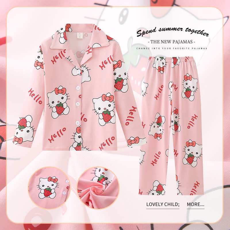 Bộ Đồ Ngủ 2 Món Tay Dài In Hoạt Hình hello kitty Dễ Thương Cho Bé