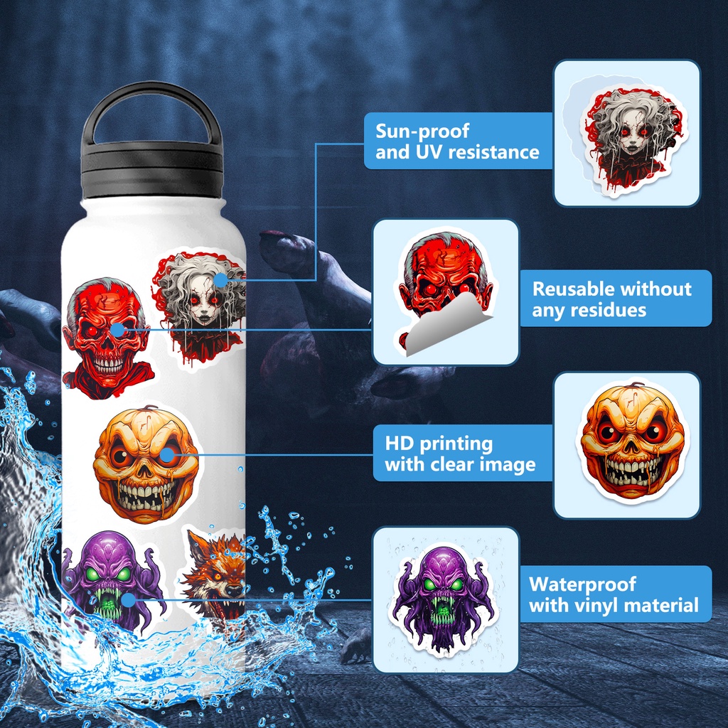 Bộ 50 Miếng Dán Trang Trí Mũ Bảo Hiểm / Bút Chì Họa Tiết Mặt Ma Kiểu halloween Cá Tính