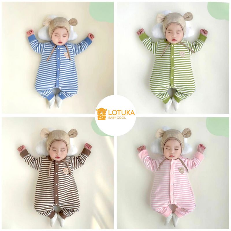 Body Dài Tay Kẻ LOTUKA Lót Lông Nhung Ấm Áp Cho Bé, Bodysuit Cho Bé Trai Bé Gái, Quần Áo Trẻ Em Size 3-12kg