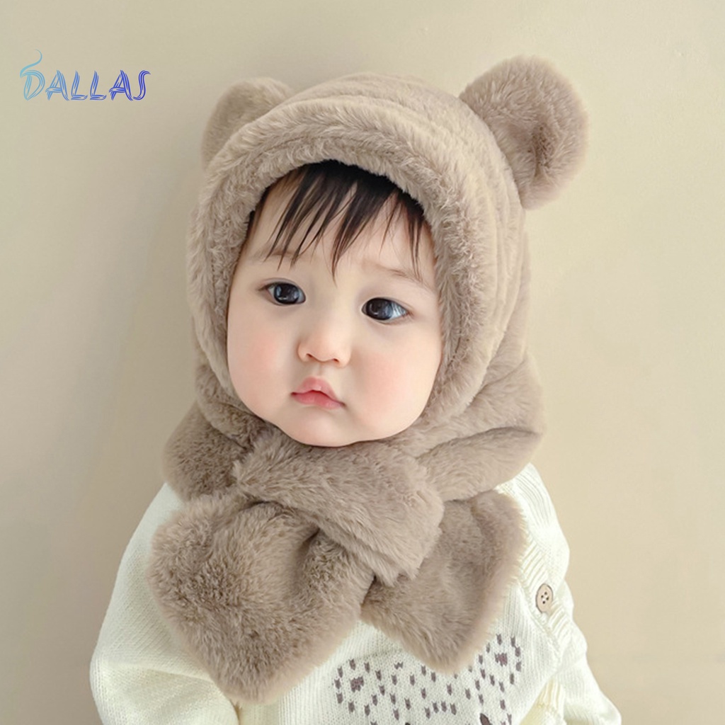 Mũ Len Mềm Dày Dặn Màu Trơn Kèm Khăn Choàng Chống Lạnh Thời Trang Mùa Đông Cho Bé