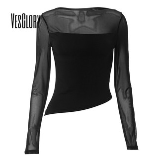 VesGlory Nữ Crop Top Thời Trang Màu Trơn Dài Tay Cổ Rung Slim Fit