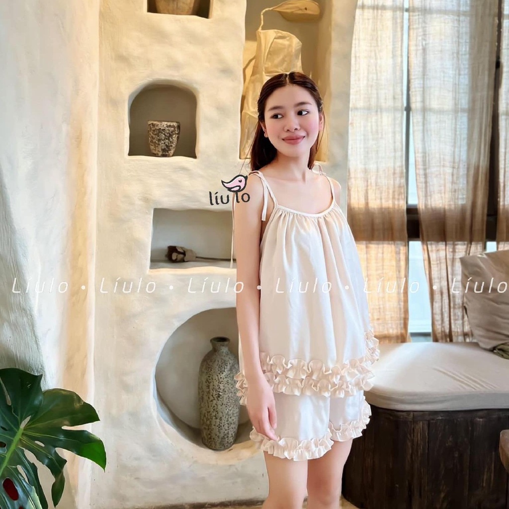 Set Bộ đôi Mẹ và Bé - Bộ Áo Bèo Nhún Quần Đùi Màu Be Hàn Quốc