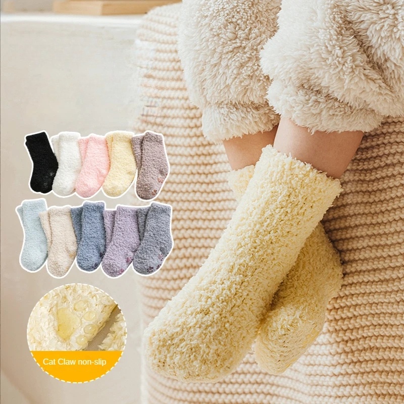 Vớ Vải Lông Cừu San Hô Siêu Dày Giữ Ấm Mùa Đông Chống Trượt Cho Bé