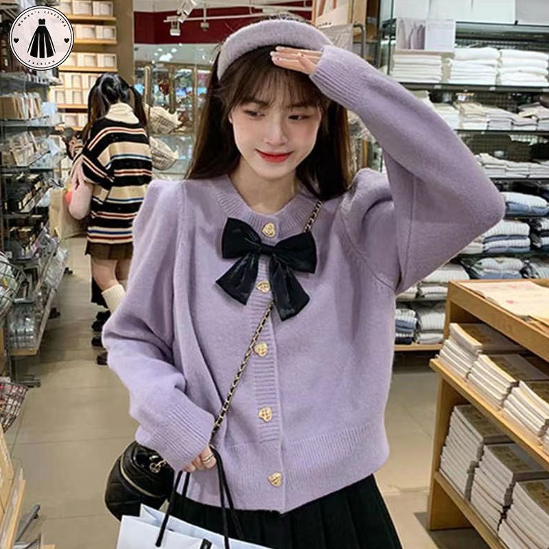 Áo Khoác cardigan Dệt Kim Đính Nơ Màu Tím Ngọt Ngào Cho Nữ