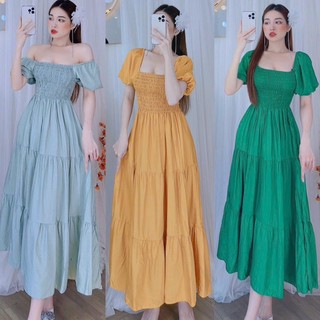 Đầm Maxxi Chất Đũi Tay Phồng Cổ Vuông Nhún Ngực Dáng Dài Xoè xuân ngân