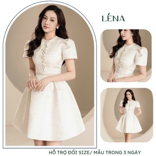Đầm midi gấm ánh kim dự tiệc trẻ trung sang trọng- Váy xòe dáng ngắn tay phồng LENA 3054