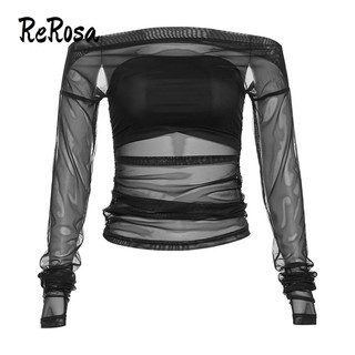 Rerosa Áo Thun Croptop Trễ Vai Tay Dài Màu Trơn Thời Trang 2023 Cho Nữ