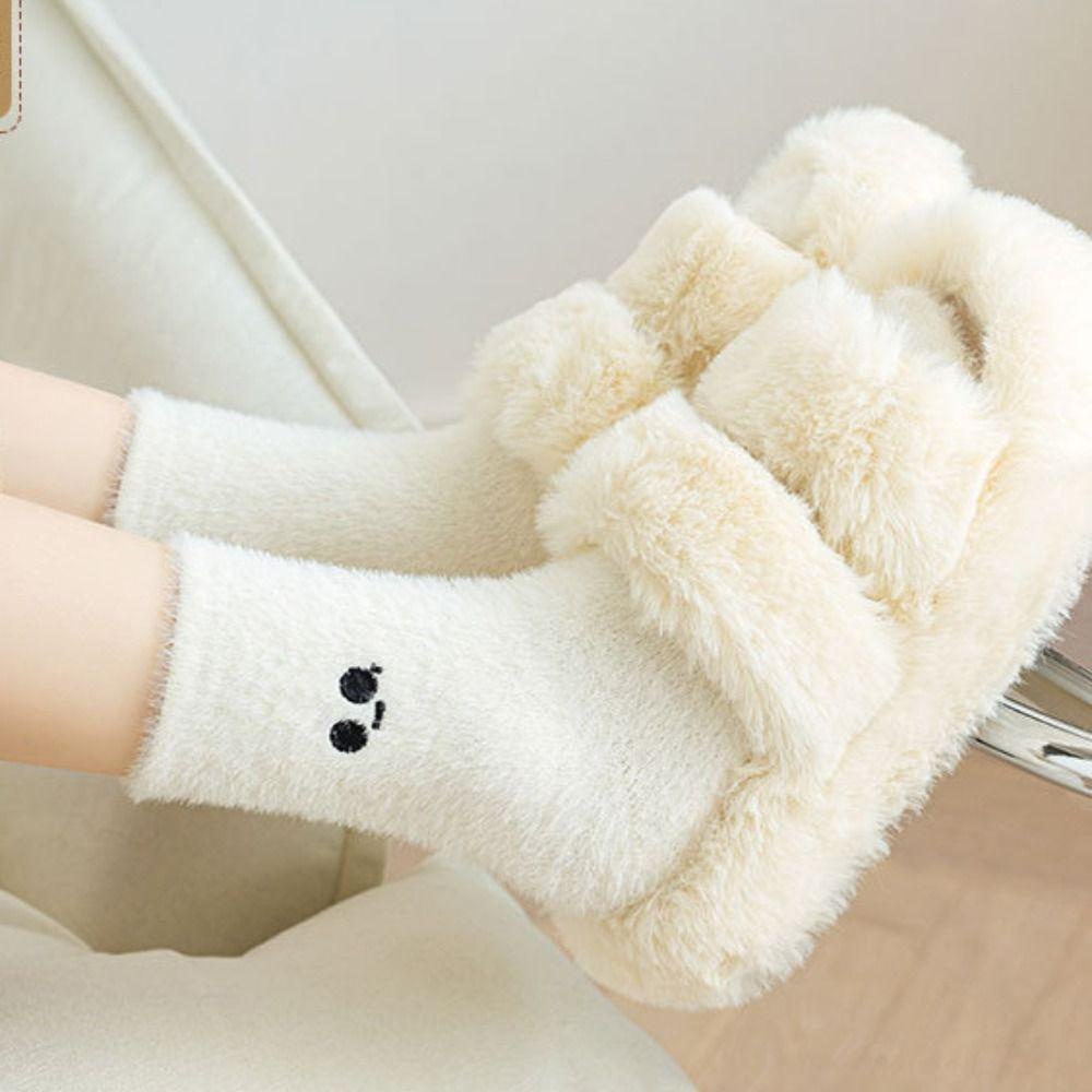 Lacyes Vớ Lông Cừu San Hô Ống Lửng Hình Đôi Mắt Nhỏ Màu Trắng Phong Cách harajuku Nhật Bản