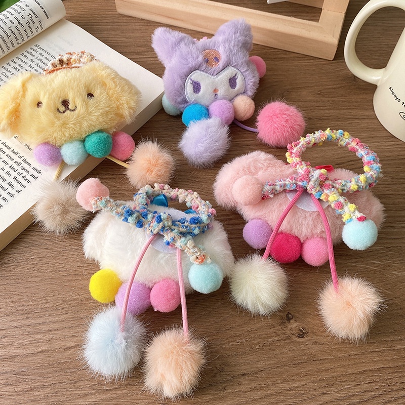 SANRIO Mới Dây Cột Tóc Cao Su Đính Bóng Lông Hoạt Hình kuromi Đáng Yêu Cho Bé Gái