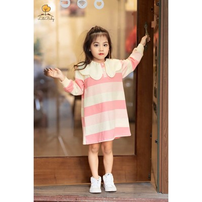 Váy thu đông nỉ kẻ bé gái LITIBABY cổ sen từ 11kg - 30kg