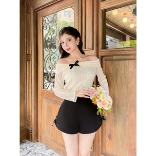 Áo ren mềm trễ vai đính nơ Jian top