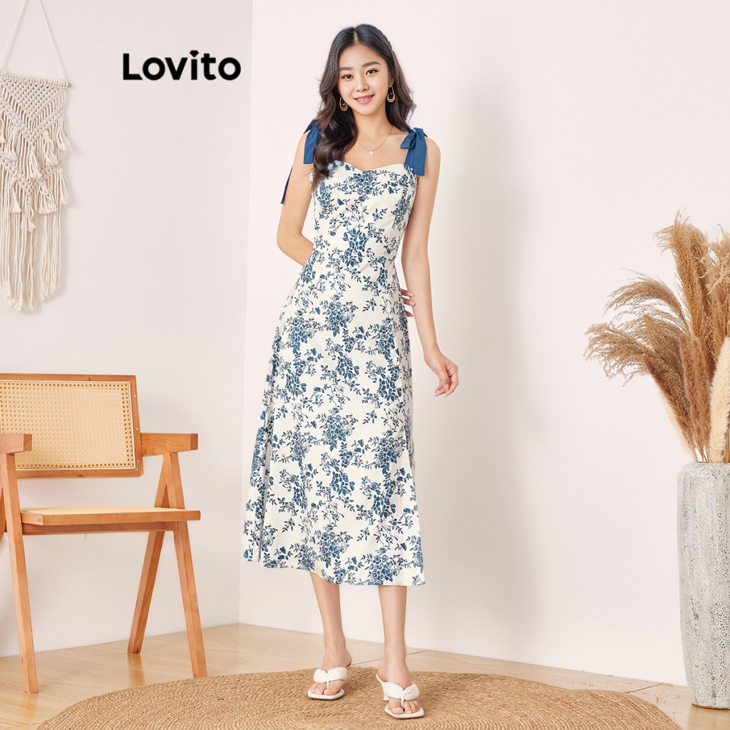 Đầm Lovito xẻ tà phối màu tương phản họa tiết hoa nhí thời trang thường ngày cho nữ L56ED110 (Xanh dương)